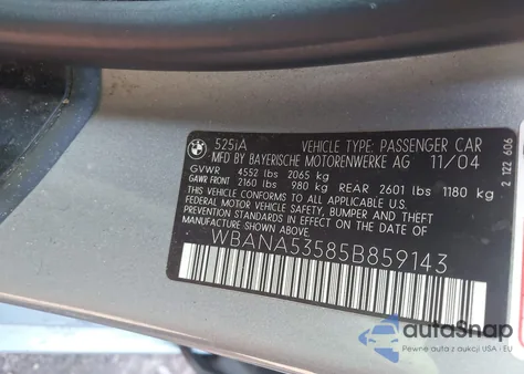 2005 BMW 525I from USA, damaged, VIN WBANA53585B859143